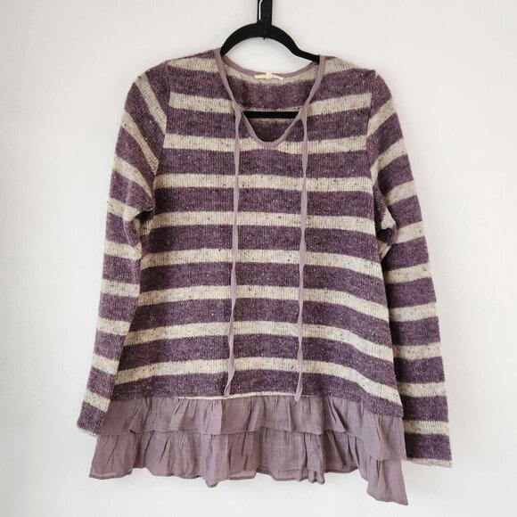 Easel Los Angeles Cozy Sweater Purple Striped Ruffle Trim Women's S - Picture 1 of 7